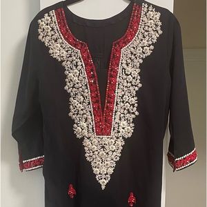 Black Silk Blend Caftan/ Kurta with Red and White Embroidered Jeweled Trim S